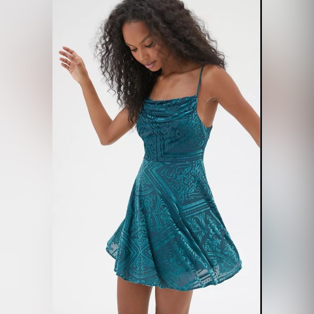Urban Outfitters Teal Velvet Burnout Mini Dress Size Small